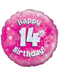 18inch Happy 14th Birthday Pink Holographic Balloon