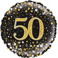 18inch 50th Sparkling Fizz Birthday Black & Gold Holographic
