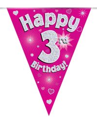 Party Bunting Happy 3rd Birthday Pink Holographic 11 flags 3.9m