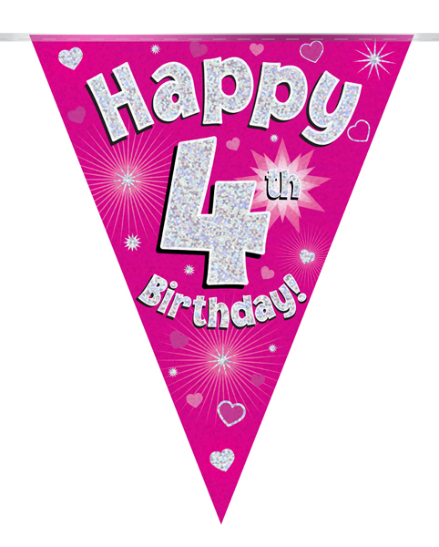 Party Bunting Happy 4th Birthday Pink Holographic 11 flags 3.9m