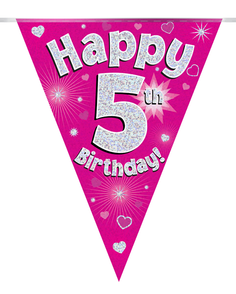 Party Bunting Happy 5th Birthday Pink Holographic 11 flags 3.9m