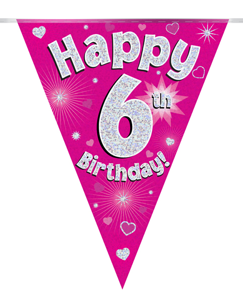 Party Bunting Happy 6th Birthday Pink Holographic 11 flags 3.9m