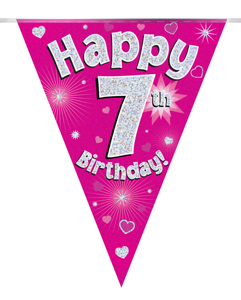 Party Bunting Happy 7th Birthday Pink Holographic 11 flags 3.9m