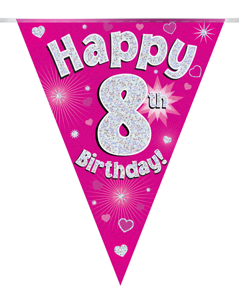Party Bunting Happy 8th Birthday Pink Holographic 11 flags 3.9m