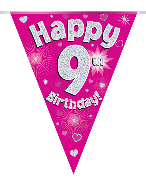 Party Bunting Happy 9th Birthday Pink Holographic 11 flags 3.9m