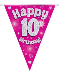 Party Bunting Happy 10th Birthday Pink Holographic 11 flags 3.9m