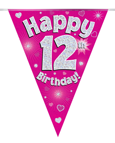 Party Bunting Happy 12th Birthday Pink Holographic 11 flags 3.9m