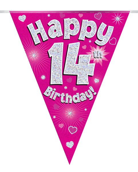 Party Bunting Happy 14th Birthday Pink Holographic 11 flags 3.9m