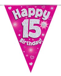 Party Bunting Happy 15th Birthday Pink Holographic 11 flags 3.9m