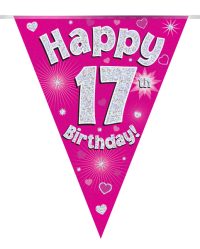 Party Bunting Happy 17th Birthday Pink Holographic 11 flags 3.9m