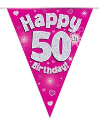 Party Bunting Happy 50th Birthday Pink Holographic 11 flags 3.9m