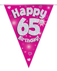 Party Bunting Happy 65th Birthday Pink Holographic 11 flags 3.9m