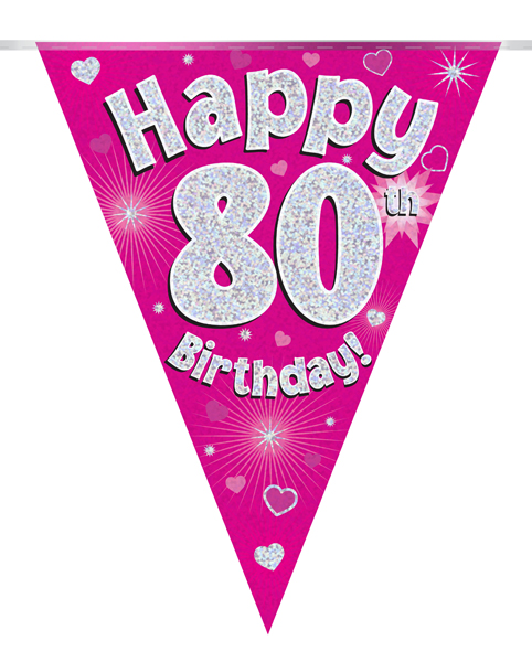Party Bunting Happy 80th Birthday Pink Holographic 11 flags 3.9m