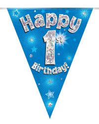 Party Bunting Happy 1st Birthday Blue Holographic 11 flags 3.9m