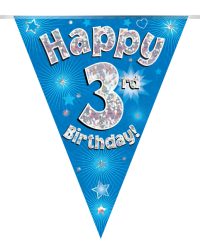 Party Bunting Happy 3rd Birthday Blue Holographic 11 flags 3.9m