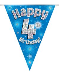 Party Bunting Happy 4th Birthday Blue Holographic 11 flags 3.9m