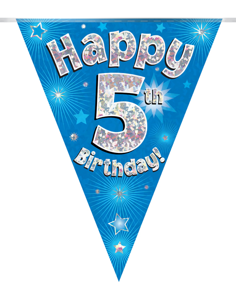 Party Bunting Happy 5th Birthday Blue Holographic 11 flags 3.9m