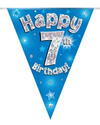 Party Bunting Happy 7th Birthday Blue Holographic 11 flags 3.9m