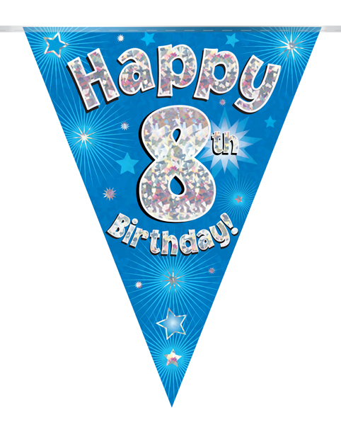 Party Bunting Happy 8th Birthday Blue Holographic 11 flags 3.9m