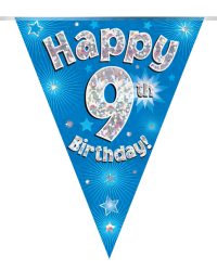 Party Bunting Happy 9th Birthday Blue Holographic 11 flags 3.9m