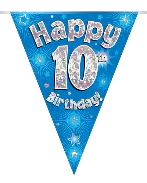 Party Bunting Happy 10th Birthday Blue Holographic 11 flags 3.9m