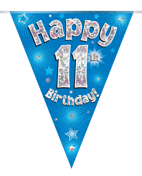 Party Bunting Happy 11th Birthday Blue Holographic 11 flags 3.9m