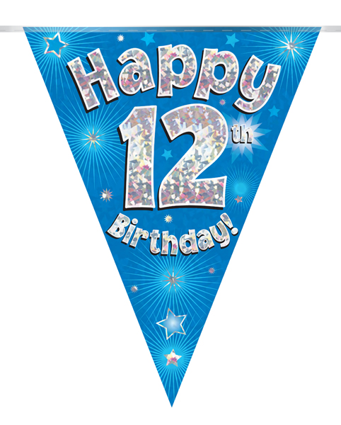 Party Bunting Happy 12th Birthday Blue Holographic 11 flags 3.9m