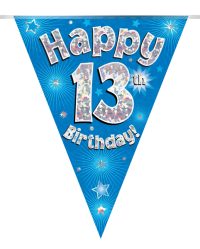 Party Bunting Happy 13th Birthday Blue Holographic 11 flags 3.9m