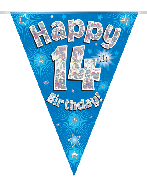 Party Bunting Happy 14th Birthday Blue Holographic 11 flags 3.9m