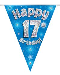 Party Bunting Happy 17th Birthday Blue Holographic 11 flags 3.9m