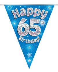 Party Bunting Happy 65th Birthday Blue Holographic 11 flags 3.9m