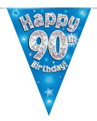 Party Bunting Happy 90th Birthday Blue Holographic 11 flags 3.9m