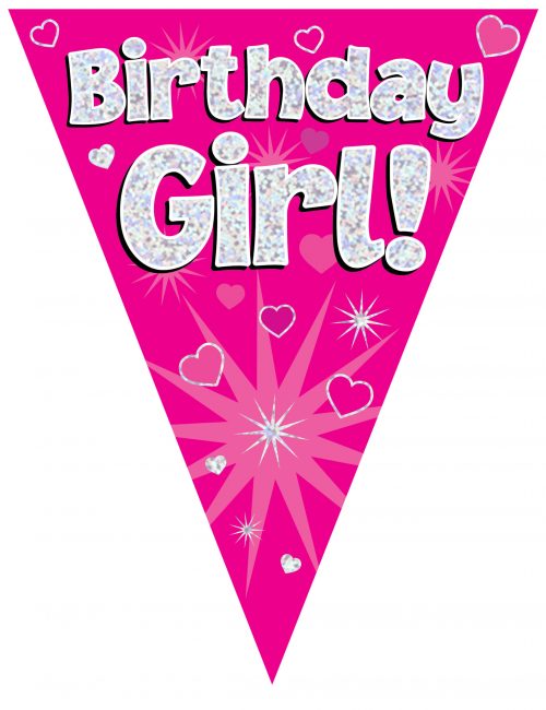 Party Bunting Birthday Girl Pink Holographic 11 flags 3.9m