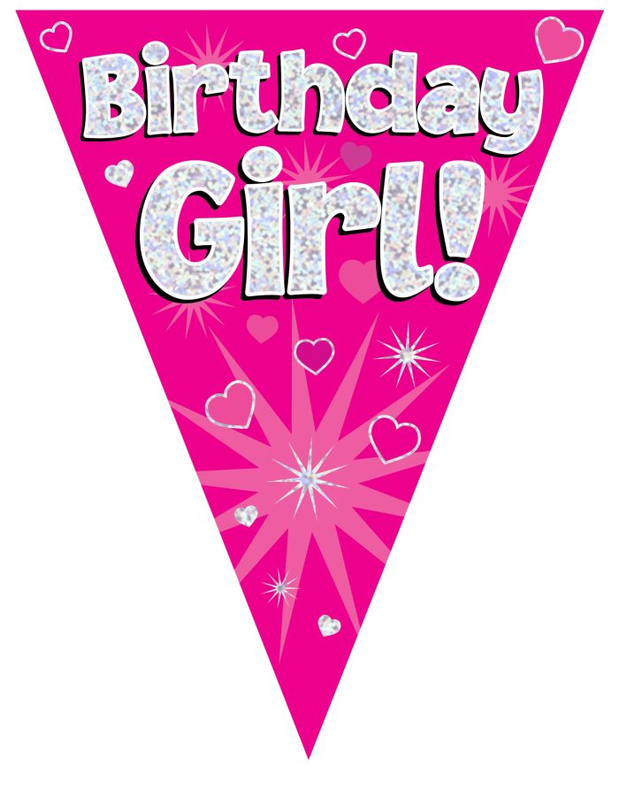 Party Bunting Birthday Girl Pink Holographic 11 flags 3.9m
