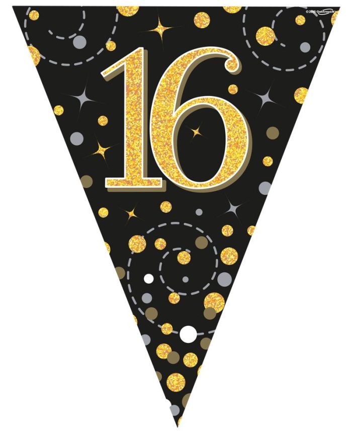Party Bunting Sparkling Fizz 16 Black & Gold Holographic 11 flags 3.9m