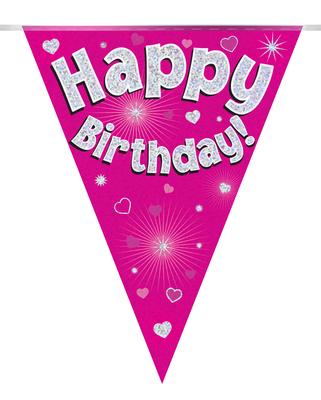 Party Bunting Happy Birthday Pink Holographic 11 flags 3.9m