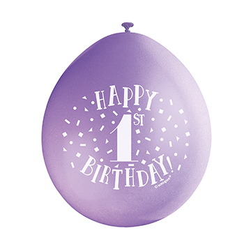 9″ Happy 1st Birthday Assorted Colours Latex Balloons (Pack 10)