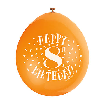 9″ Happy 8th Birthday Assorted Colours Latex Balloons (Pack 10)