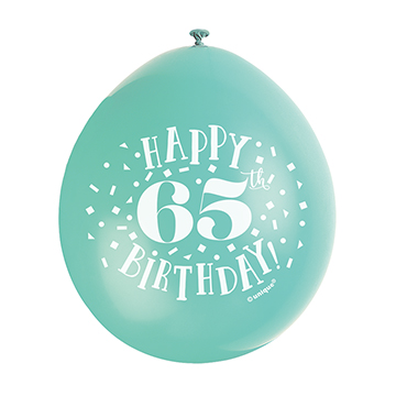 9″ Happy 65th Birthday Assorted Colours Latex Balloons (Pack 10)
